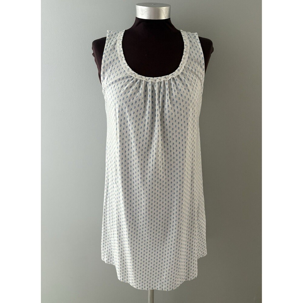 P.  Jamas Pima Cotton Night Gown XS White Blue Floral Cottagecore Prairie Trad